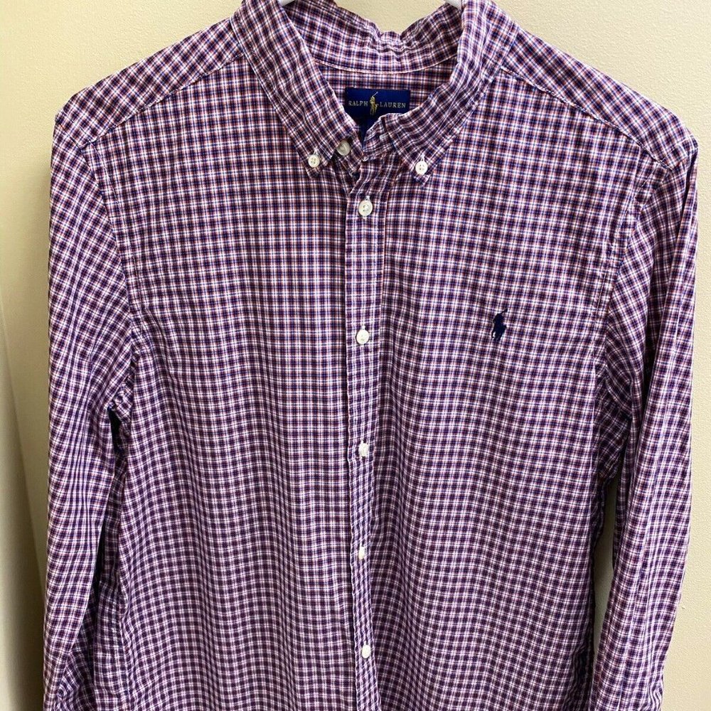 Ralph Lauren Boys Long Sleeve Navy, Orange and White Plaid Shirt size XL 18-20